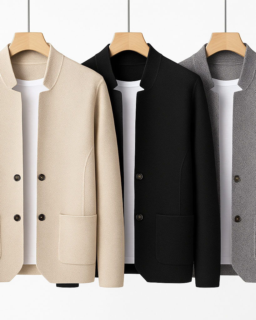 Textured knit gilet with high collar, button front and flap pockets for men
