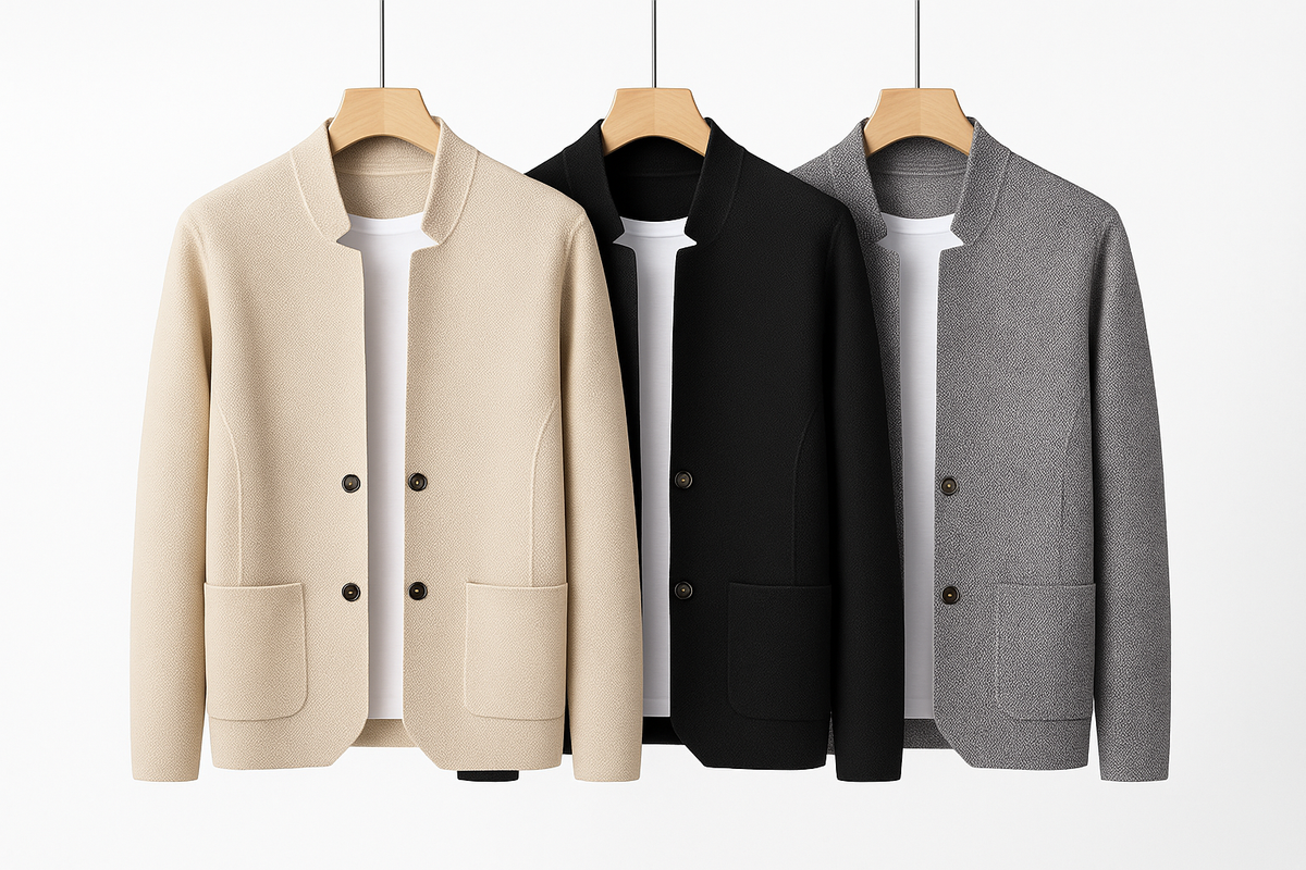 Textured knit gilet with high collar, button front and flap pockets for men