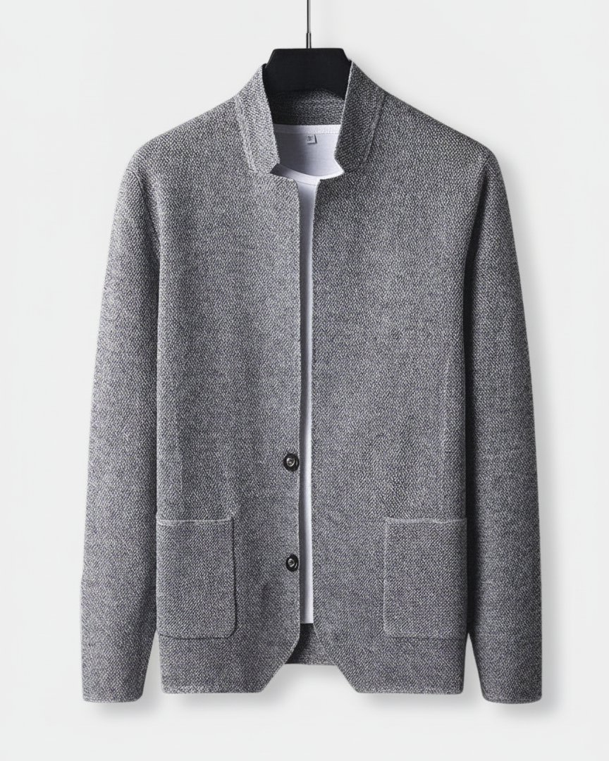 Textured knit gilet with high collar, button front and flap pockets for men