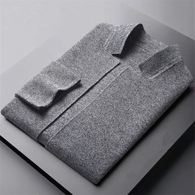 Textured knit gilet with high collar, button front and flap pockets for men