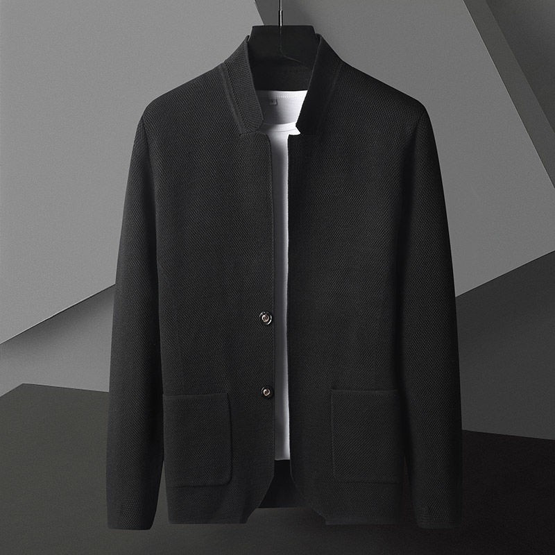 Textured knit gilet with high collar, button front and flap pockets for men