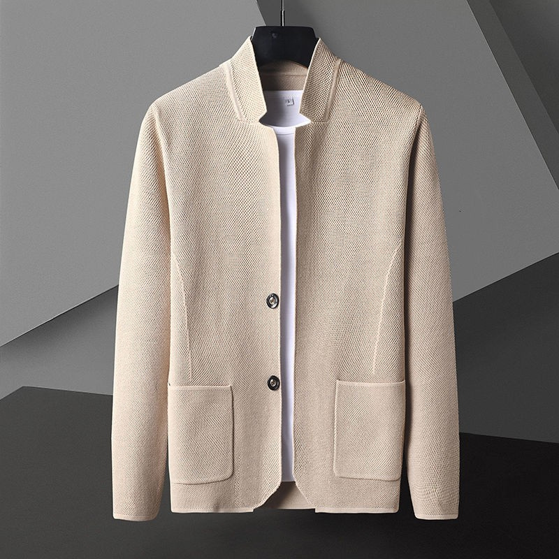 Textured knit gilet with high collar, button front and flap pockets for men