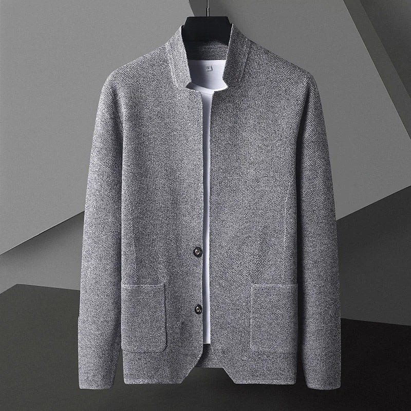 Textured knit gilet with high collar, button front and flap pockets for men