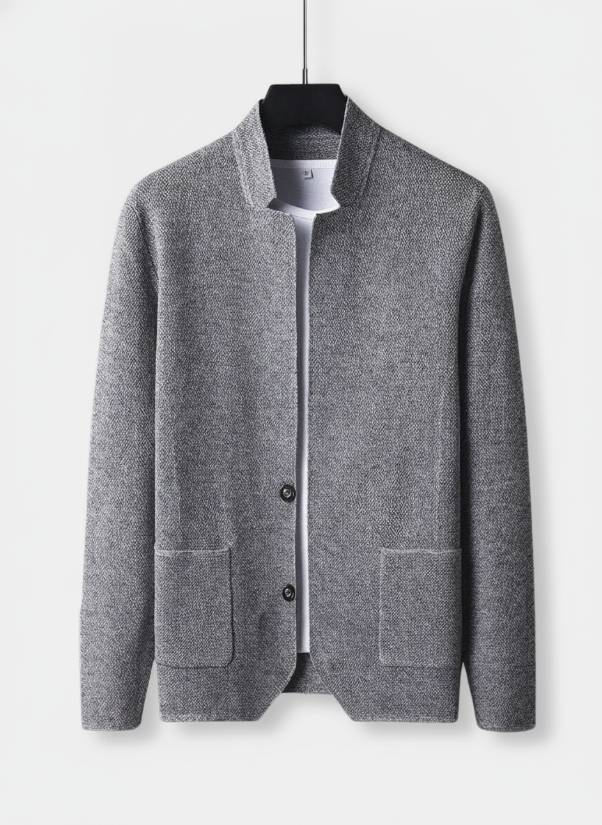 Textured knit gilet with high collar, button front and flap pockets for men